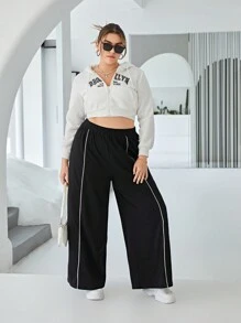 SHEIN Essnce 大碼拼接滾邊闊腿褲 - 黑色 - 查看 5