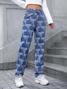 SHEIN Privé 高腰拼布印花直筒牛仔褲 - 藍色 - 查看 5