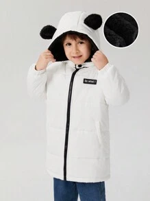 SHEIN 年轻男孩休闲宽松 3d 耳朵设计字母拼接连帽保暖棉服外套，冬季 - 白色 - 查看 1