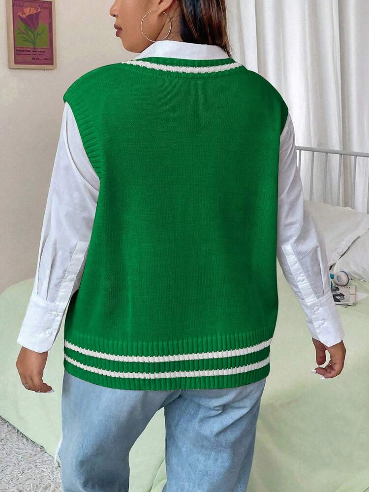 Plus Striped Trim Cable Knit Sweater Vest Without Shirt Winter Fall Autumn