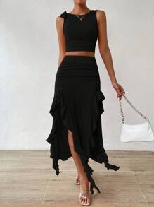 SHEIN Privé 素色背心上衣&荷葉邊不對稱下擺半身裙 - 黑色 - 查看 5