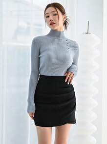 DAZY Solid Ruched Side Tulip Hem Skirt Fall Skirts - Black - View 7