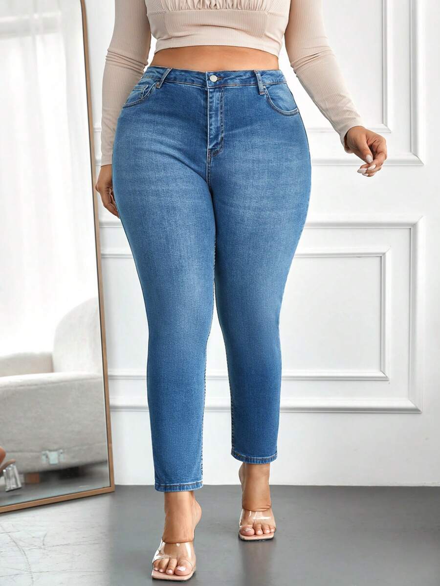 RueChic Plus Size  High Waist Skinny Jeans - Blue - View 1