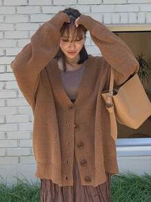 DAZY Solid Drop Shoulder Cardigan - Coffee Brown - View 3