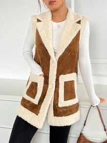 SHEIN EZwear Áo khoác vest lót gấu Teddy hai túi cho mùa thu/đông - màu nâu - Xem 6