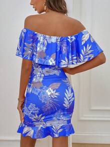 Selianne Plants Print Off Shoulder Ruffle Trim Ruched Bodycon Dress Vacation Beach Outfits Women