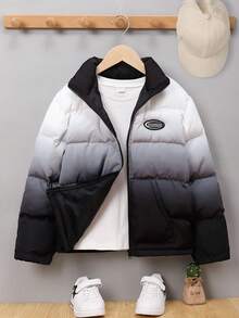 SHEIN Tween Boy 字母补丁渐变色拉链衬垫大衣 - 黑與白 - 查看 2