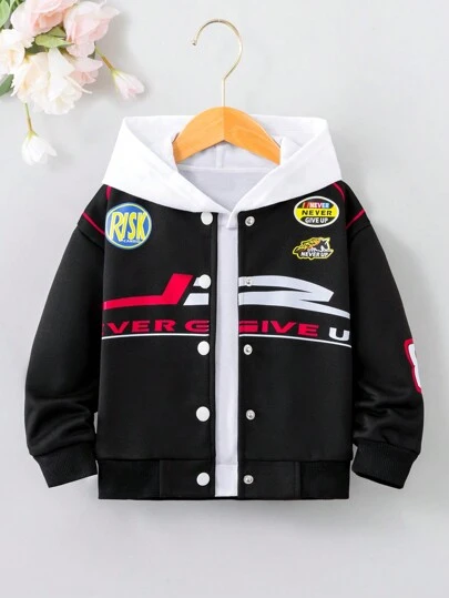 SHEIN Young Girl Letter Graphic Button Front Bomber Jacket Without Sweatshirt