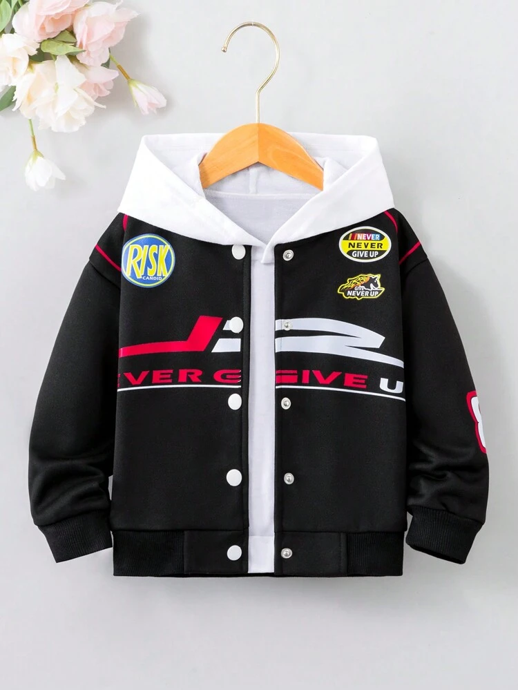 Young Girl Letter Graphic Button Front Bomber Jacket Without Sweatshirt