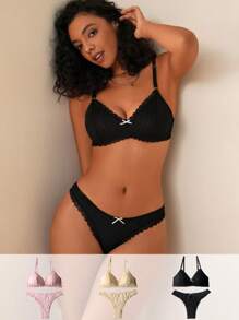 3件套蕾丝边内衣套装、文胸和内裤套装、可爱 - 彩色 - 查看 1