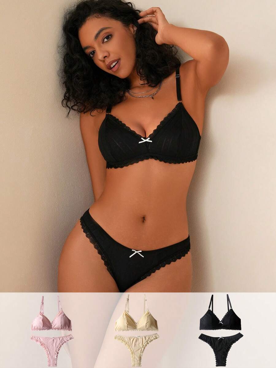 3件套蕾丝边内衣套装、文胸和内裤套装、可爱 - 彩色 - 查看 1