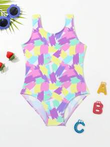 Young Girl Allover Print One Piece Swimsuit - Multicolor - View 1