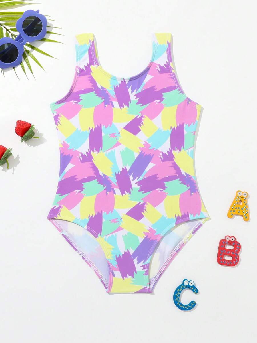 Young Girl Allover Print One Piece Swimsuit - Multicolor - View 1