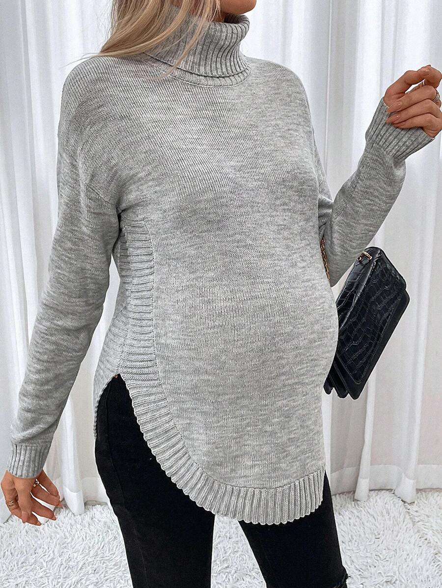 SHEIN Maternity Turtleneck Curved Hem Drop Shoulder Sweater With Long Sleeve, For Winter - Light Grey - View 1