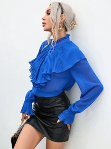 SHEIN Privé Viền Ruffle Xếp li Tay áo loe Áo sơ mi - Màu xanh lam - Xem 5