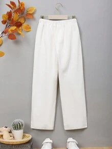 SHEIN Tween Boy Slogan Embroidery Split Hem Pants - Beige - View 10