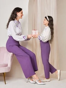 SHEIN Leap Crew 女大童印花燈籠袖襯衫和褲子 - 彩色 - 查看 4