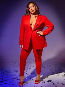 SHEIN SXY 大碼西裝領西裝外套&緊身打底褲 - 紅色 - 查看 3