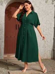 SHEIN LUNE Plus Button Front Plicated Detail Batwing Sleeve Shirt Dress - Dark Green - View 4