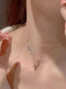 ROMWE Fairycore 1pc Fashion Iron Alloy Rhinestone Decor Moon & Star Charm Necklace For Women For Daily Decoration - Silver - View 3