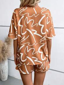 SHEIN LUNE Allover Print Drop Shoulder Blouse & Shorts - Khaki - View 2