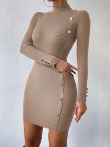 Chiquease Mock Neck Button Detail Ribbed Knit Bodycon Sweater Dress - Khaki - View 1