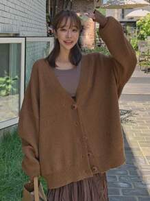DAZY Solid Drop Shoulder Cardigan - Coffee Brown - View 4
