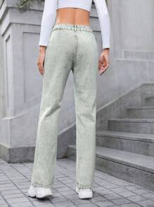 SHEIN Privé Flap Pocket Straight Leg Jeans - Green - View 2