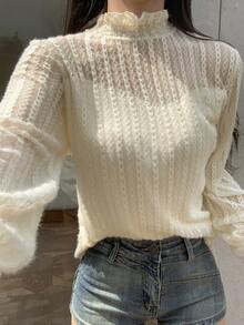 DAZY Frill Trim Mock Neck Flounce Sleeve Tee - Apricot - View 4