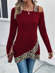 SHEIN LUNE Áo thun cổ tròn họa tiết da báo bất đối xứng Áo thun họa tiết da báo dành cho nữ - Màu Đỏ Sâu - Xem 3