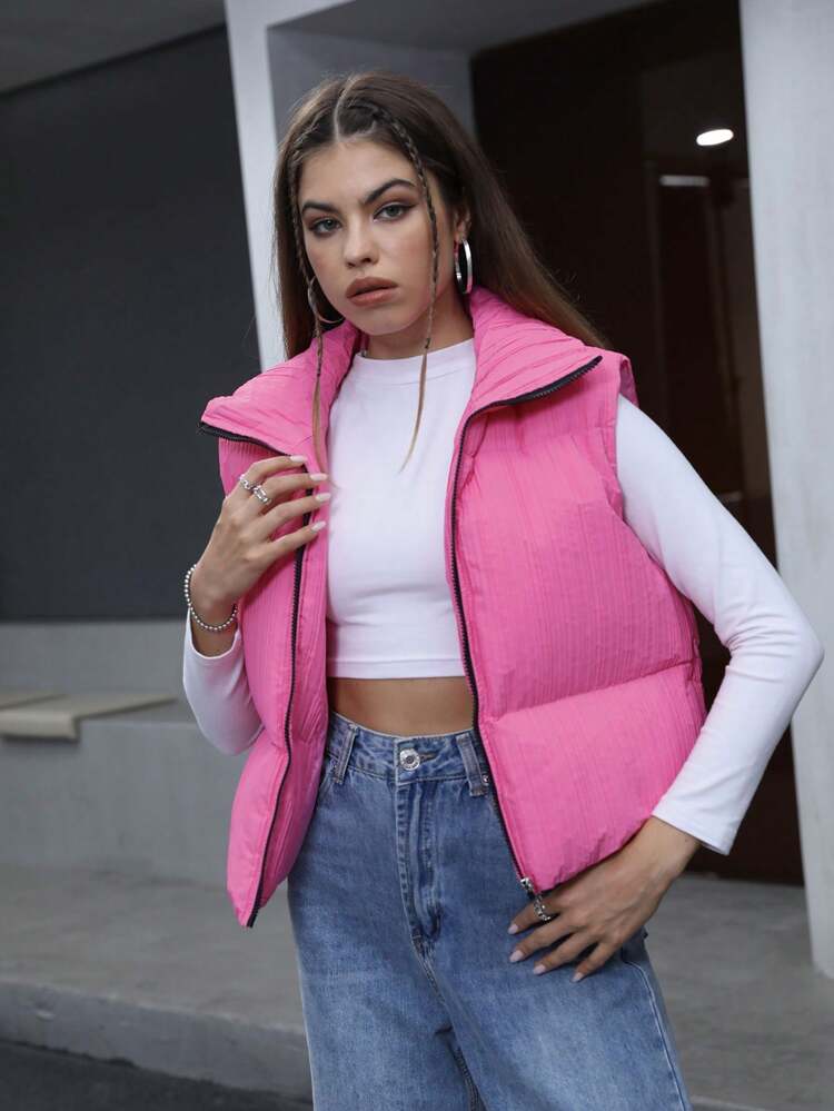 Women Solid Casual Zip Up Vest Winter Coat