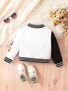 SHEIN 女嬰字母圖案條紋飾邊學院風夾克 - 黑色 - 查看 2
