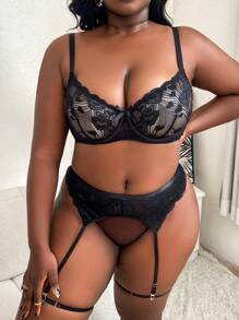 大碼5件花卉蕾絲褶邊鋼圈吊帶襪V字串女僕裝套裝 - 彩色 - 查看 3