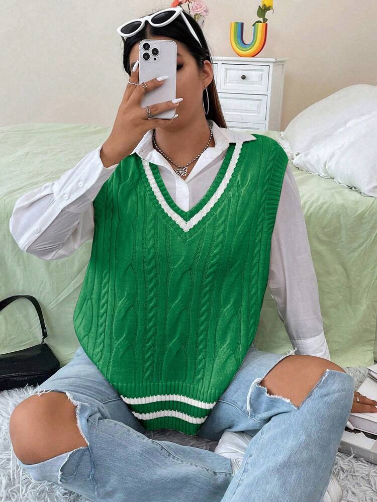 Plus Striped Trim Cable Knit Sweater Vest Without Shirt Winter Fall Autumn
