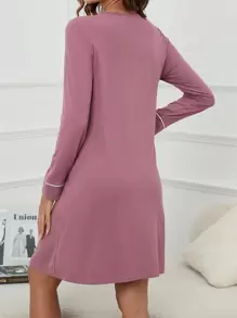 Moonlight&Mama Maternity Contrast Piping Pocket Patched Button Front Nightdress For Mother Cozy And Elegant Details, For Fall & Winter Outfit - Red Violet - View 2