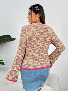 SHEIN EZwear Plus Space Dye Contrast Binding Button Front Cardigan - Multicolor - View 3