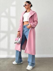 SHEIN Unity Lapel Neck Flap Detail Overcoat - Pink - View 5