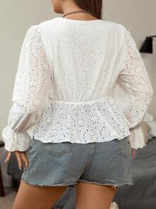 SHEIN Qutie Plus Eyelet Embroidery Flare Sleeve Peplum Blouse - Apricot - View 2