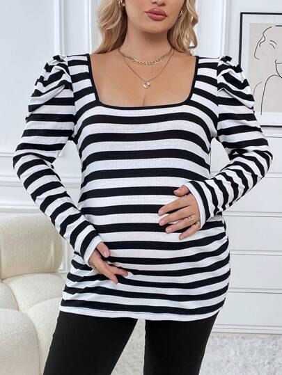 SHEIN Maternity Plus Striped Print Gigot Sleeve Tee