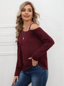 SHEIN LUNE 不對稱領素色T恤 - 酒紅色 - 查看 5