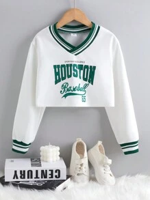 SHEIN 女大童字母圖案條紋飾邊短款運動衫 - 白色 - 查看 1