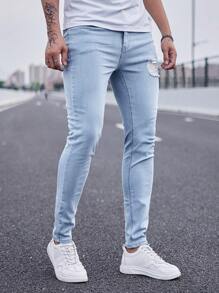 Manfinity Homme Men Light Wash Ripped Skinny Jeans Slim Fit Long Frayed Jean Cargo Plain Blue Office Basic Husband Work Going Out Urban Vacation College
