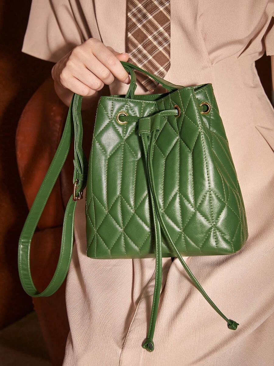 SHEIN MOD 綠色車縫線水桶包帶拉繩設計時尚斜挎包 - 綠色 - 查看 1