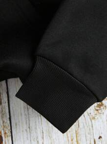 SHEIN EZwear Slogan Graphic Kangaroo Pocket Drawstring Thermal Hoodie - Black - View 3