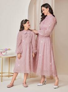 SHEIN Tween Girl Bow Front Lantern Sleeve Fuzzy Dress - Pink - View 8