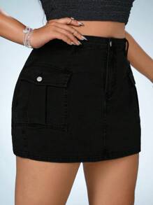 SHEIN ICON Plus Flap Pocket Denim Skirt - Black - View 3