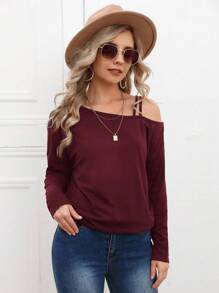 SHEIN LUNE 不對稱領素色T恤 - 酒紅色 - 查看 1