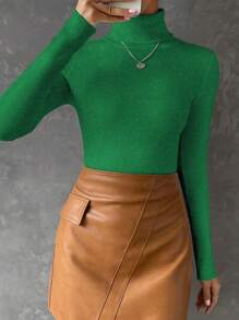 SHEIN Essnce Solid Turtleneck Ribbed Knit Sweater - Green - View 3