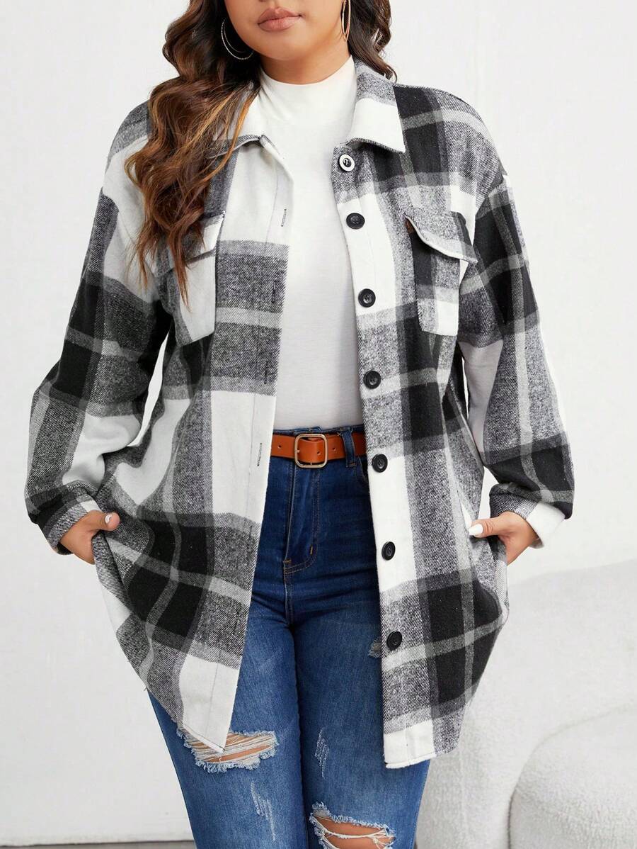 SHEIN LUNE Plus Plaid Print Drop Shoulder Flap Pocket Coat Fall Winter Cloth For Women Autumn - Black - View 1
