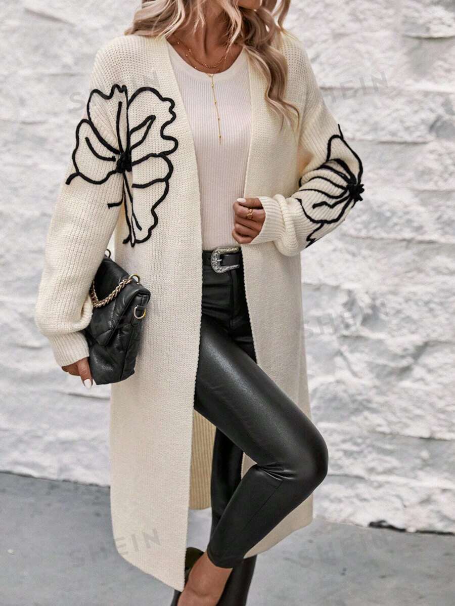 SHEIN Clasi Cárdigan tipo kimono con hombros caídos y estampado floral, Cárdigan informal holgado de mujer con estampado floral multicolor para finales del otoño, Uso diario casual, Top de manga larga